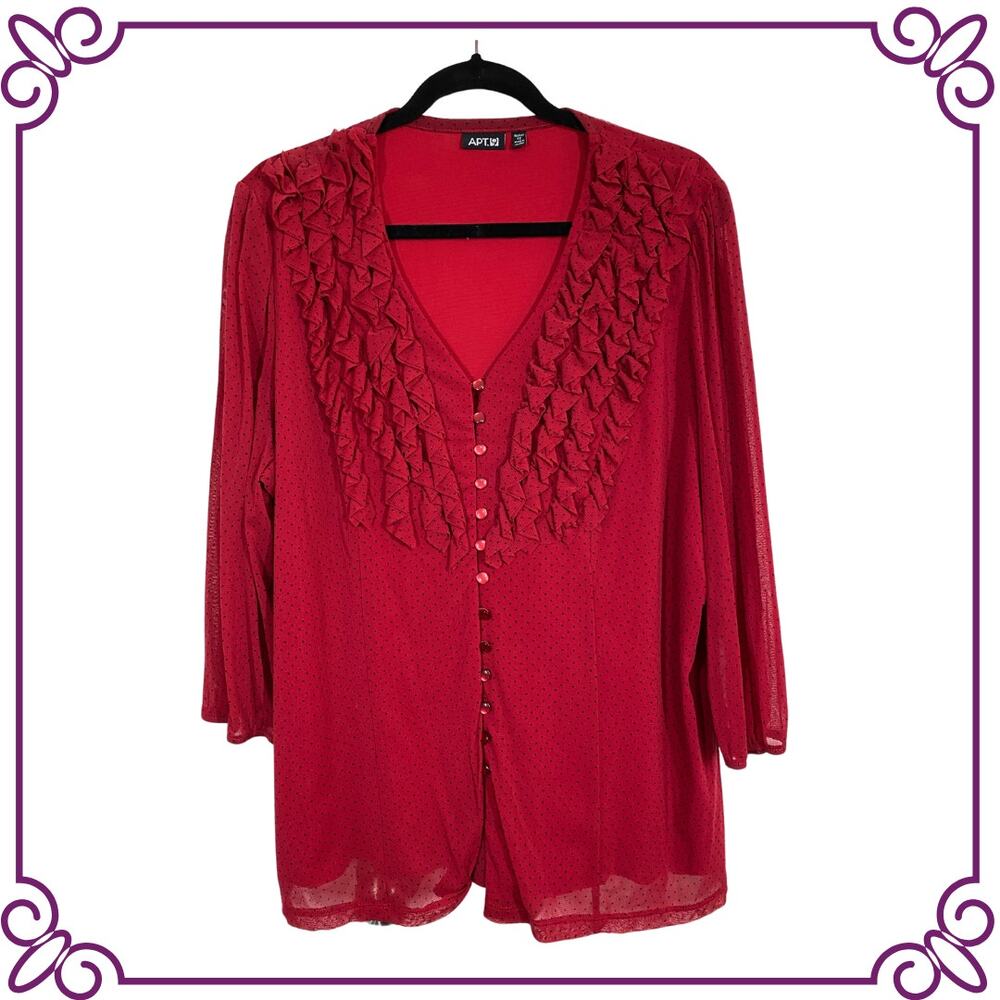 APT. 9 Woman Red Polka Dot Ruffled 3/4 Sleeve Button front V-Neck Blouse Size 1X